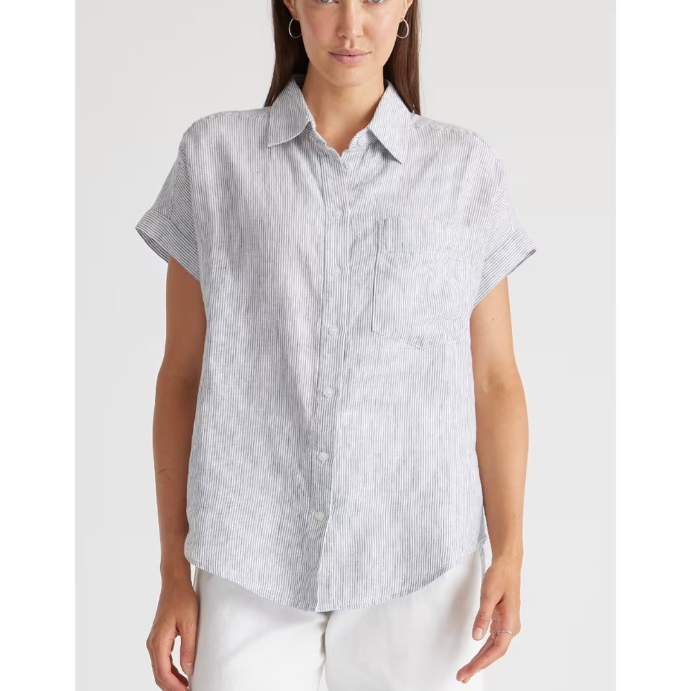 Quince 100% European Linen Camp Shirt Blue Pinstripe Button Up Short Sleeve L